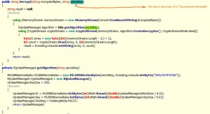 Decryption function.. Base64 encoding of AES256 encrypted strings. Key can be seen from the caller